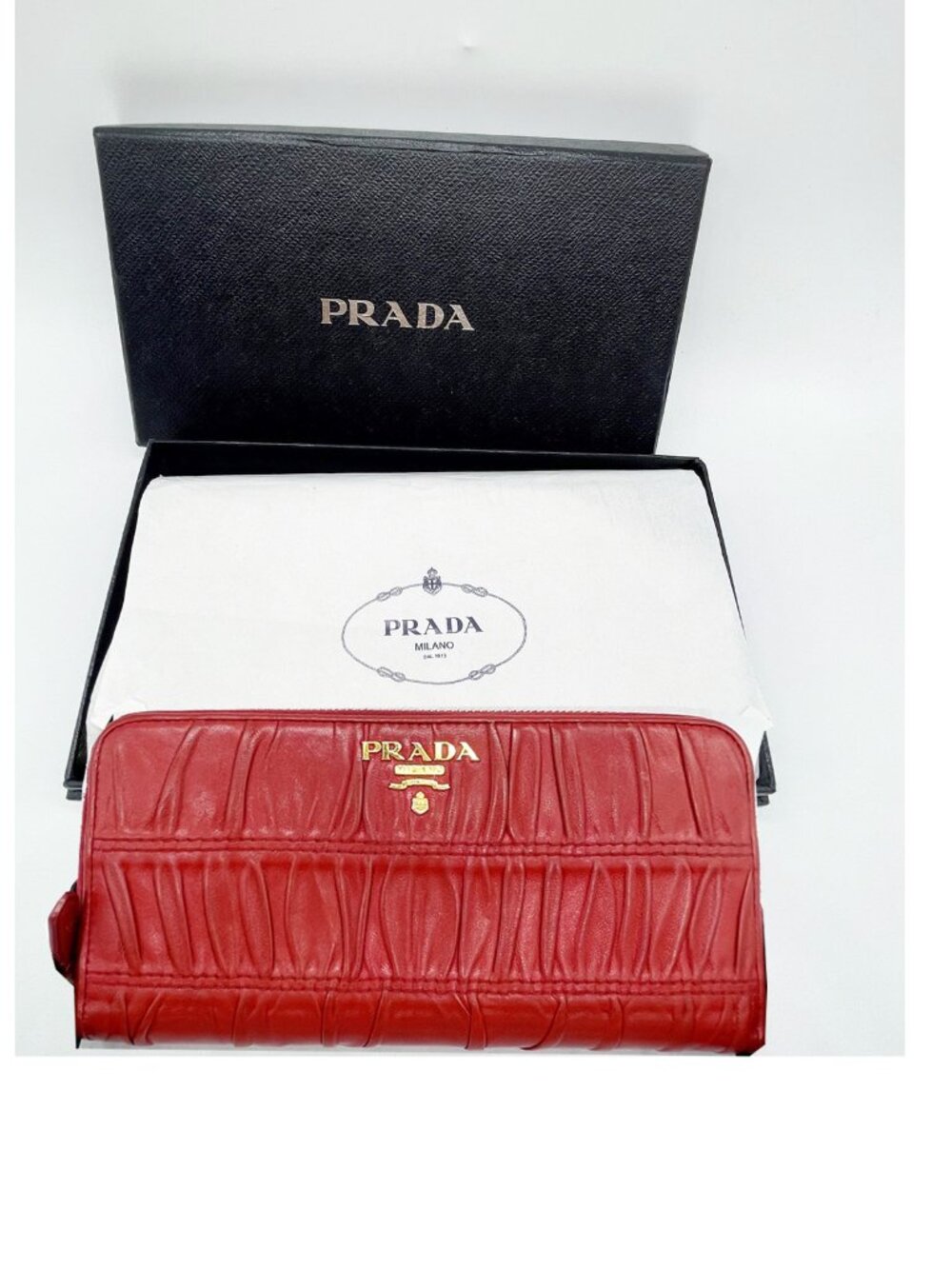 Prada Red Nappa Gaufre Leather Zip Around Long Wallet Gold Hardware Box with COA